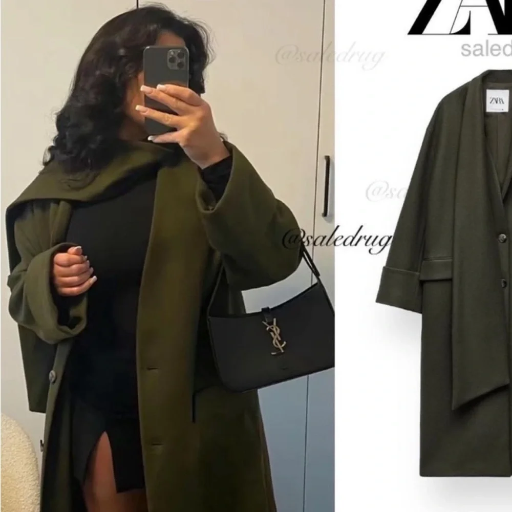 Viral Zara Coat with Scarf Wool, Olive Green. Sz xs/s - Picture 2 of 16